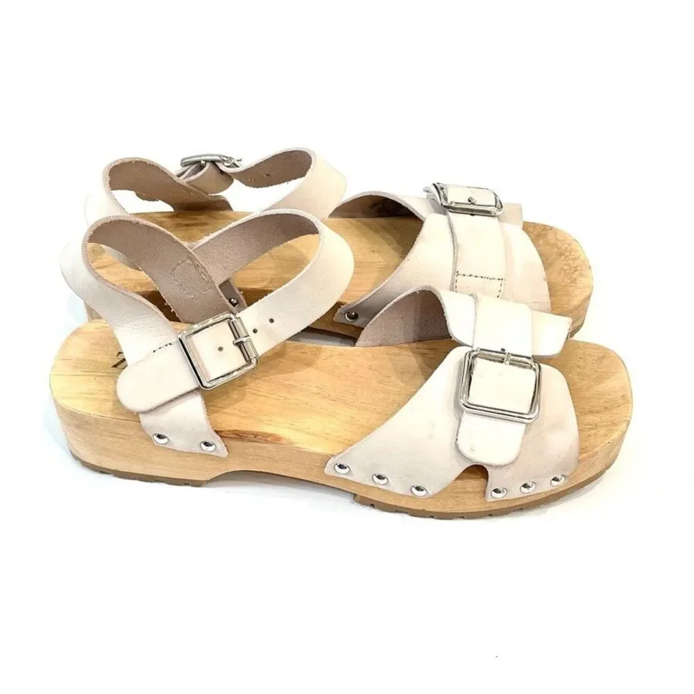 Zara White Leather Wooden Clog Sandals Buckle Platform EU 38 US 7.5 Minimalist - Picture 6 of 10